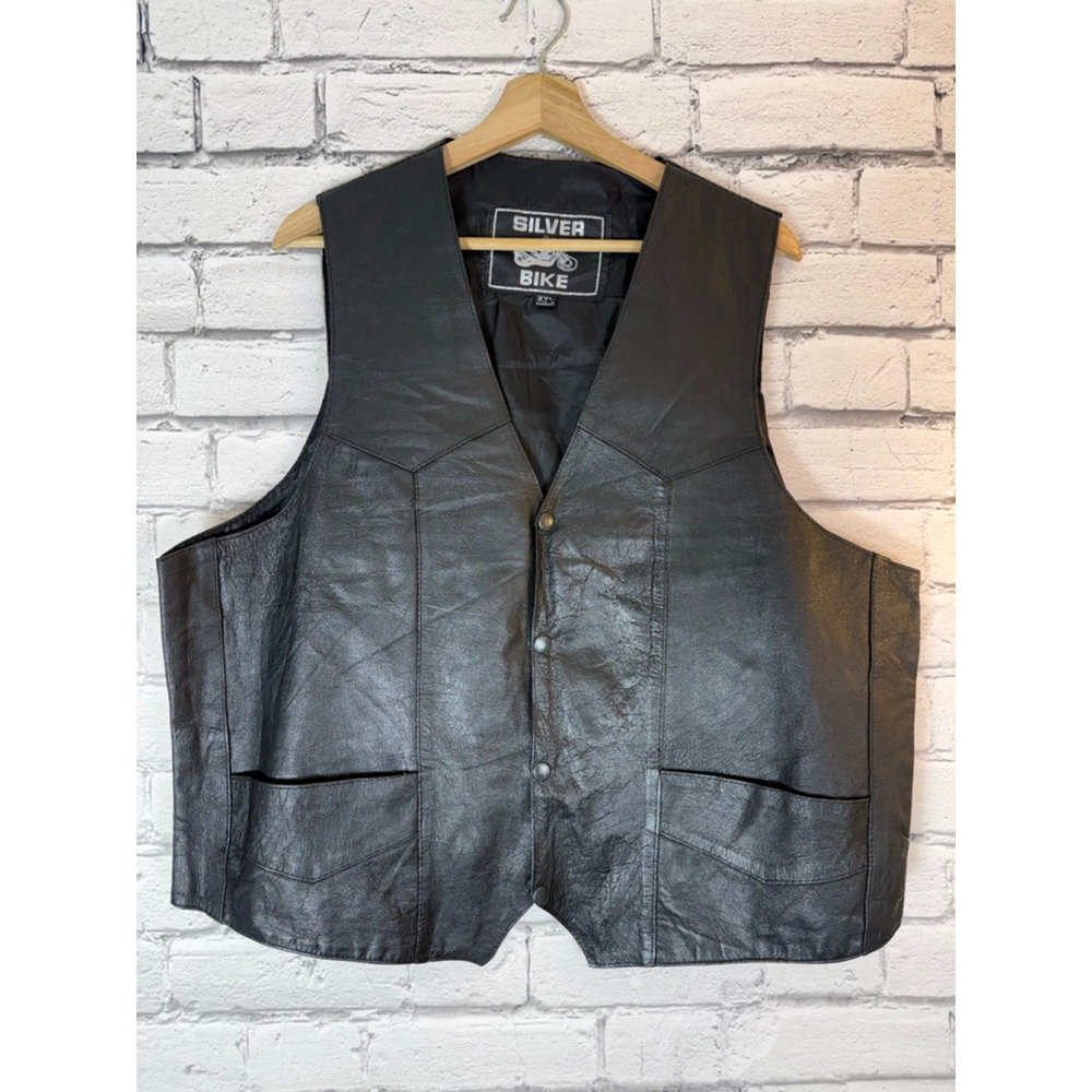 Men's SILVER BIKE Black Leather Vest Motorcycle Jacket VINTAGE Size XXL